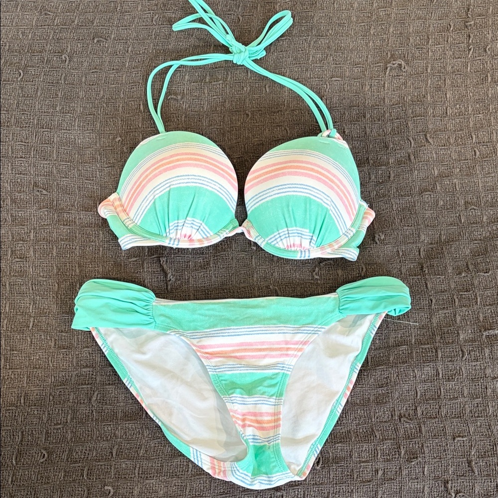 Aerie Mint and Pink Striped Bikini
